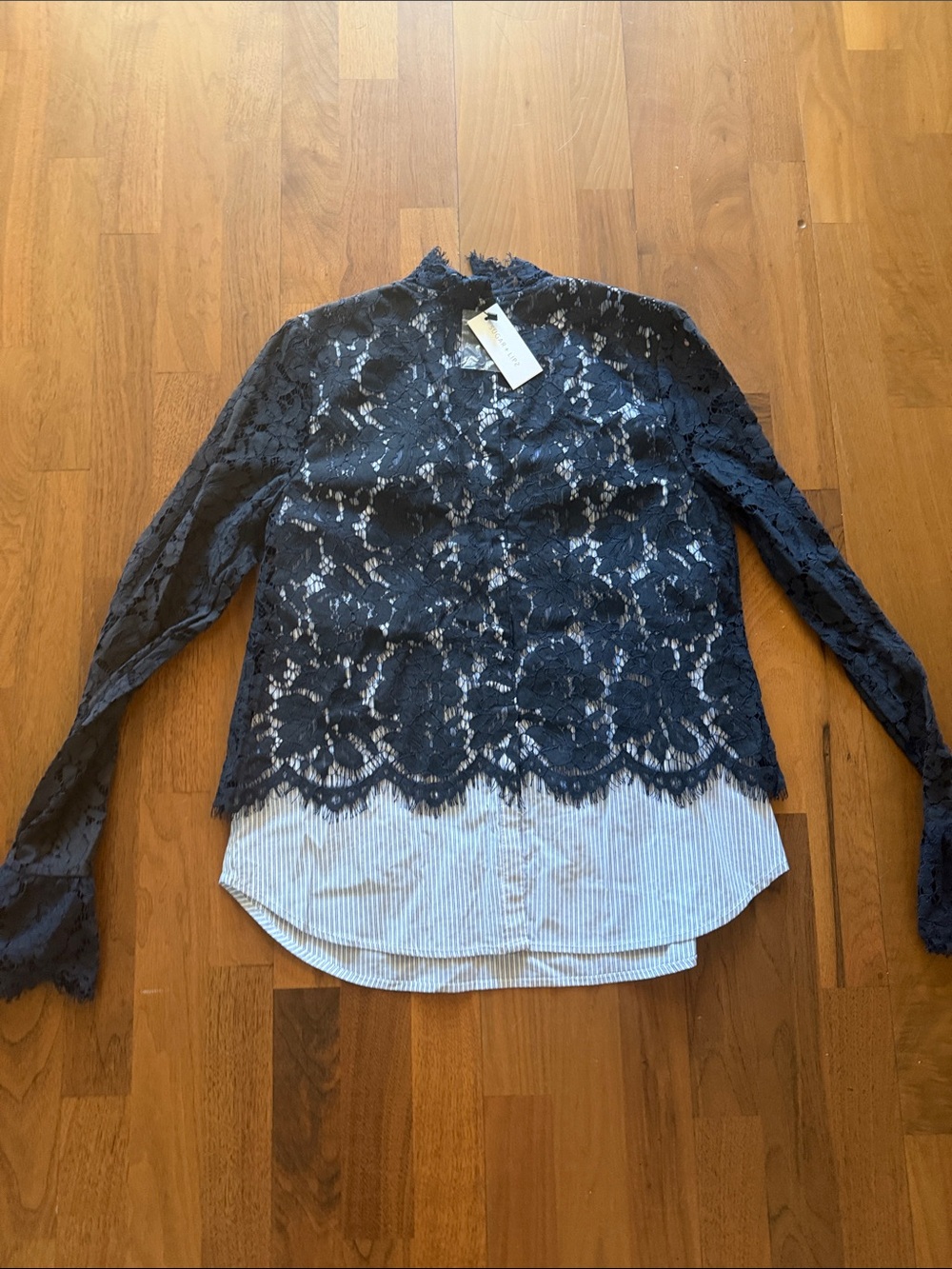 Sugarlips Navy Lace Overlay Blouse with Striped Hem